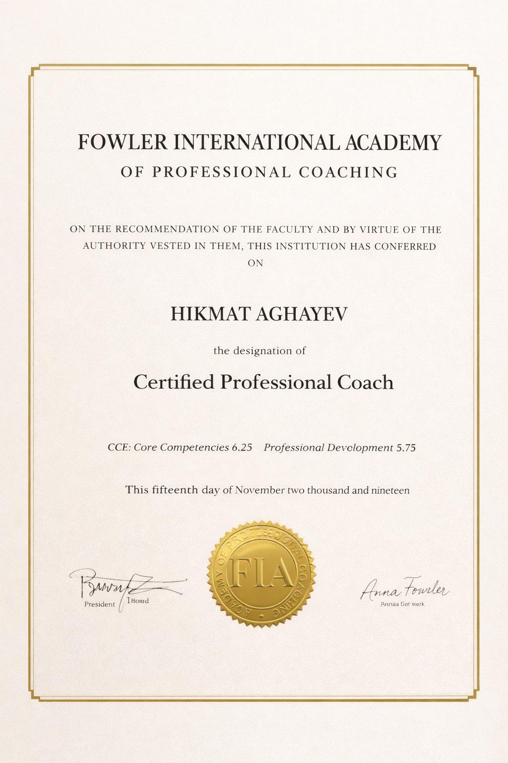 Fowler International Academy Coaching Certificate