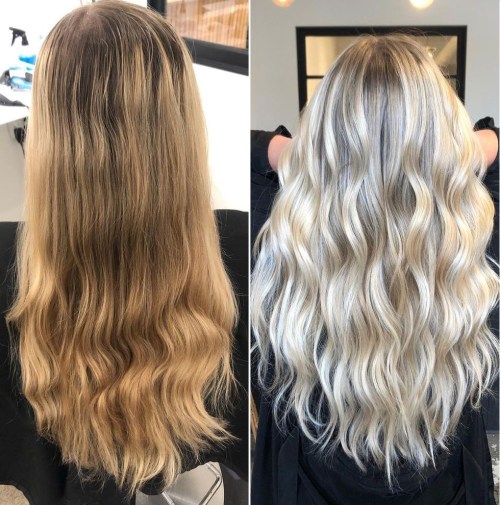 Before and after: brassy blonde to cool silver balayage color correction at HIKARA Beauty Studio