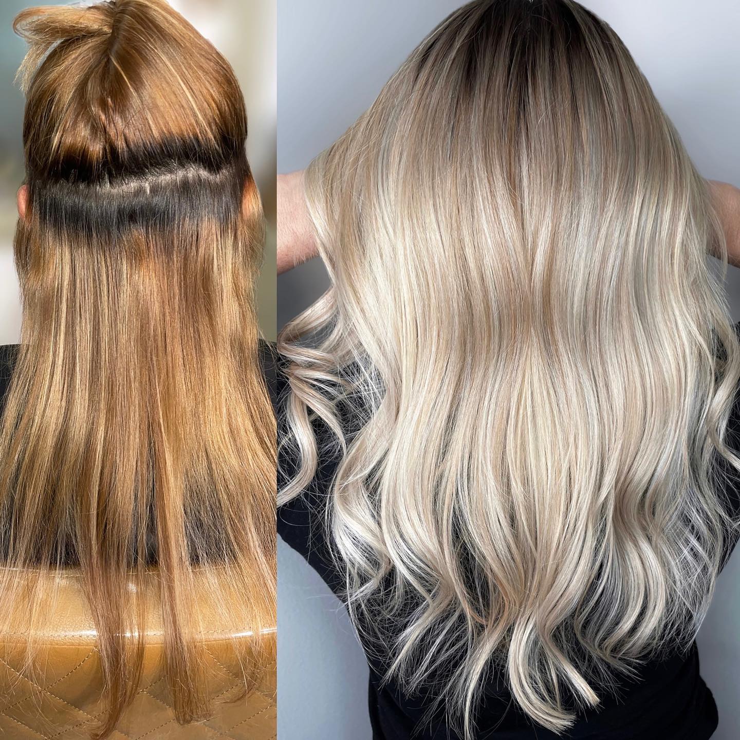 Before and after: uneven warm tone corrected to smooth cool blonde at HIKARA Beauty Studio