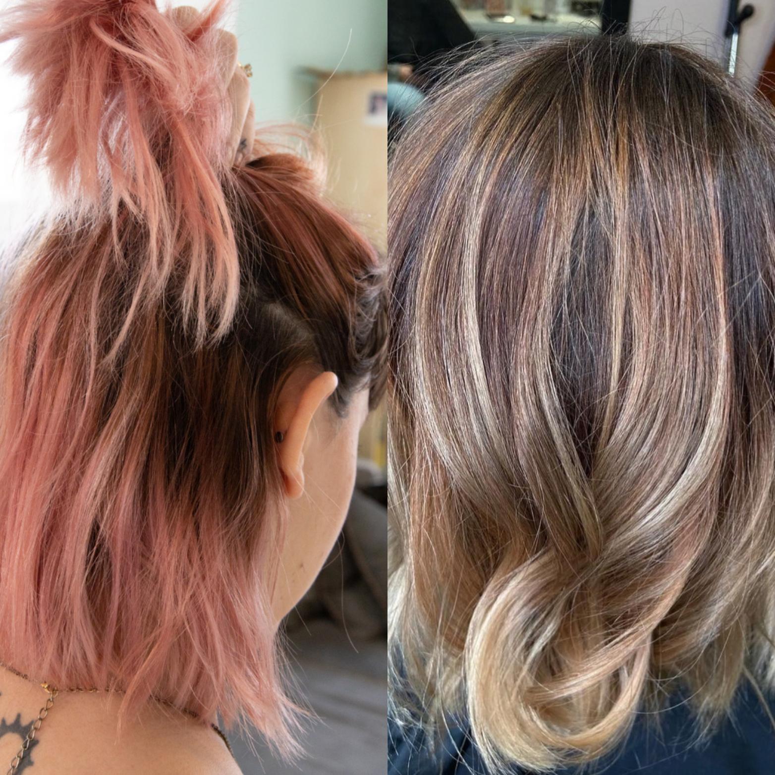 Before and after: faded pink corrected to natural brunette balayage at HIKARA Beauty Studio