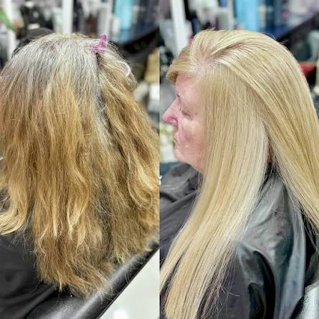 Before and after: damaged frizzy blonde restored to sleek platinum at HIKARA Beauty Studio