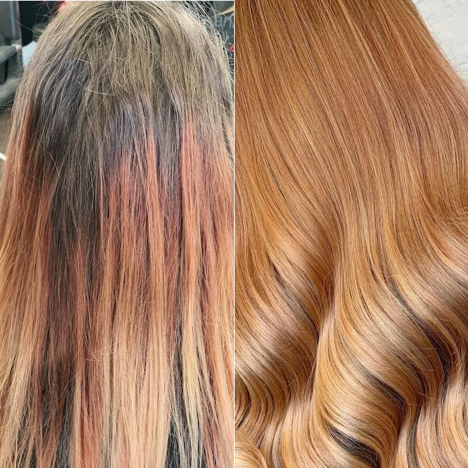 Before and after: faded multi-tone corrected to rich warm copper at HIKARA Beauty Studio
