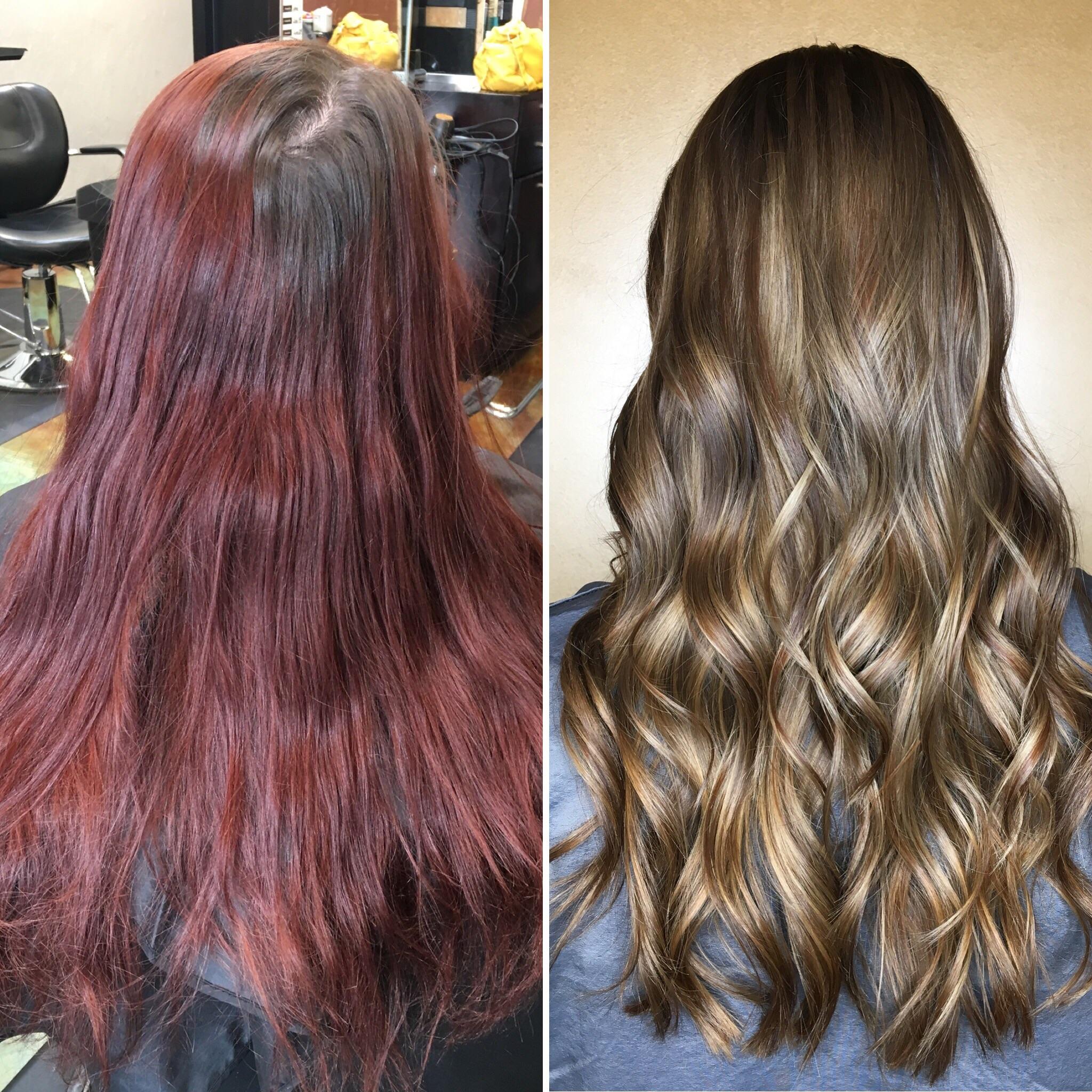 Before and after: dark red corrected to natural brunette with highlights at HIKARA Beauty Studio