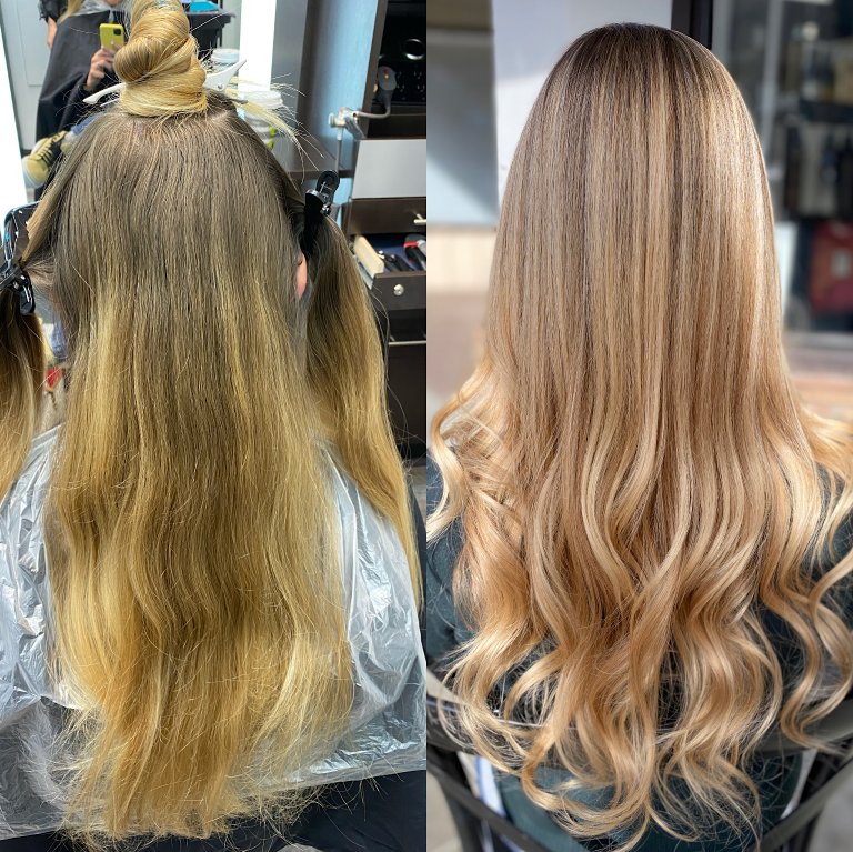 Before and after: uneven grown-out color corrected to smooth warm blonde at HIKARA Beauty Studio