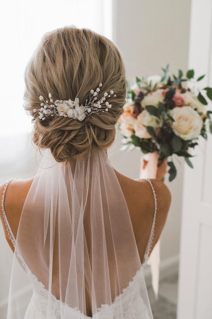 Classic bridal low bun with floral veil and bouquet