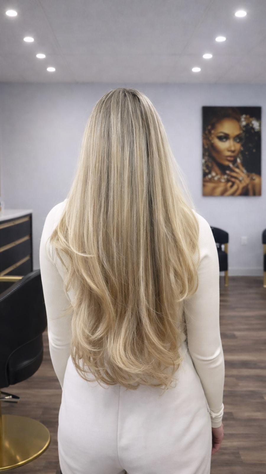 Beautiful long blonde hair result after styling at HIKARA Beauty Studio